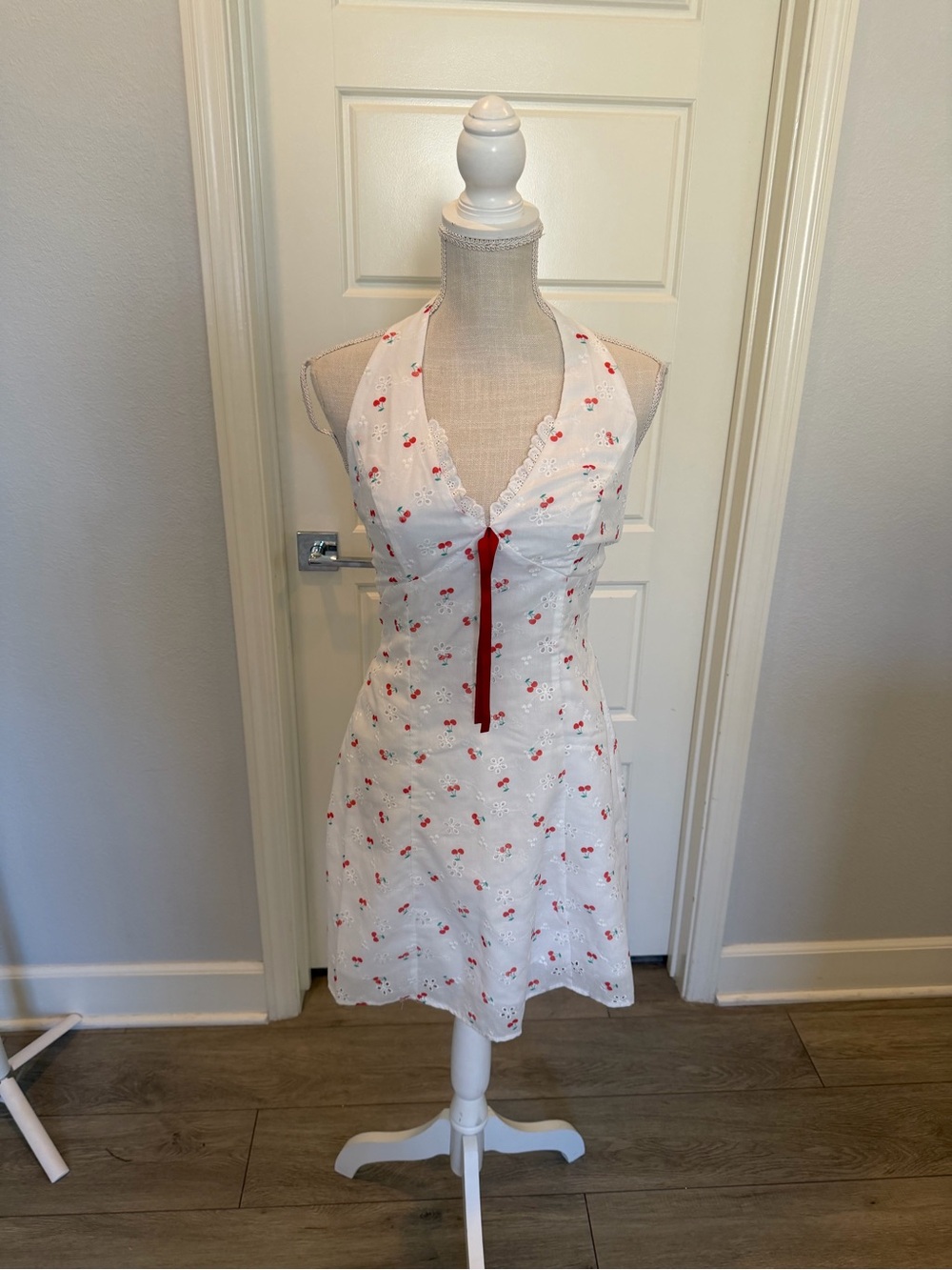 SHEIN White Cherry-Print Halter Chemise with Red Ribbon